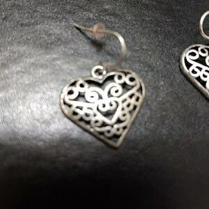 Silver tone filigree heart earrings